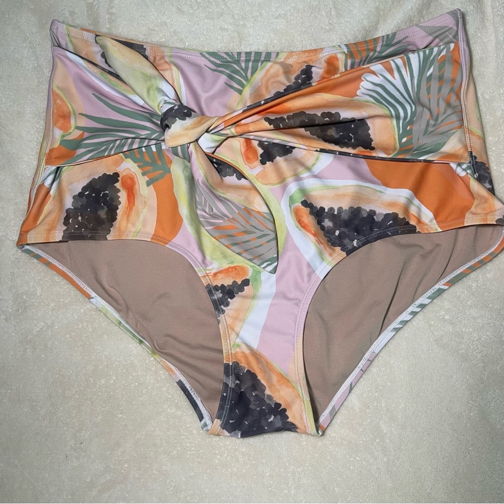 Kortni Jeane Tie High Waist Swim Suit Bottom Watercolor Papaya XL